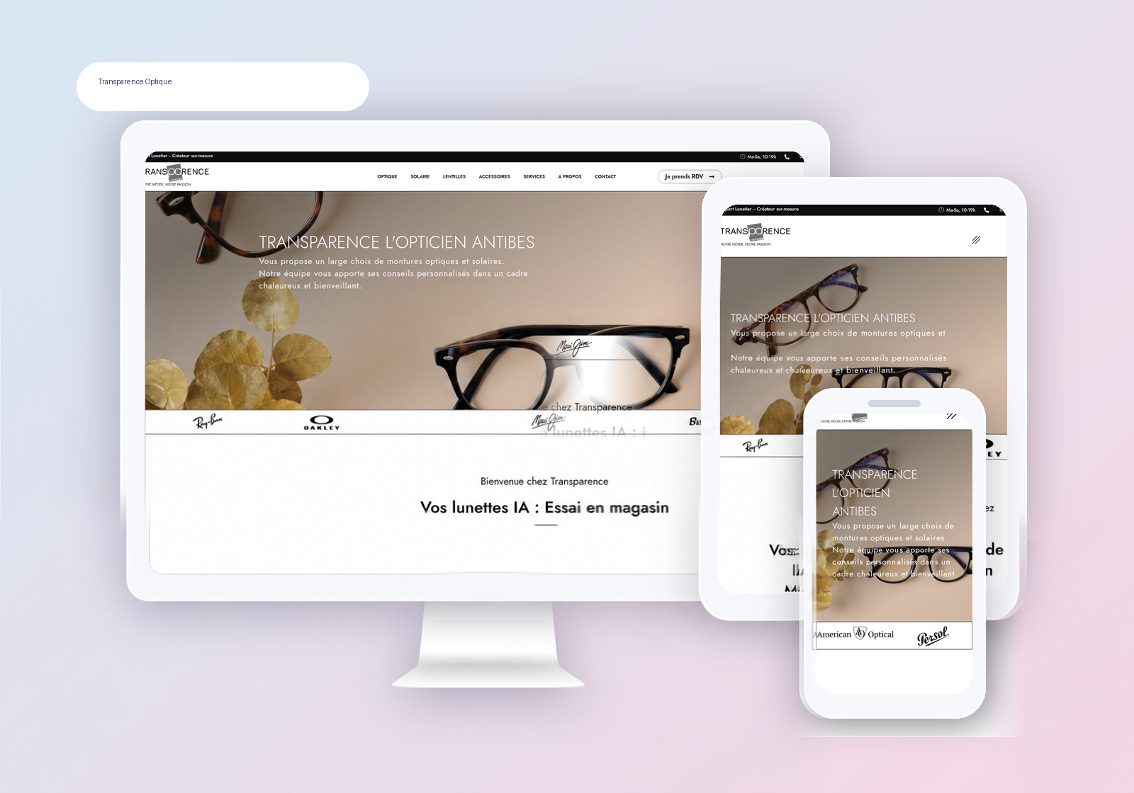 Mockup desktop, tablette et mobile du site Transparence Optique.