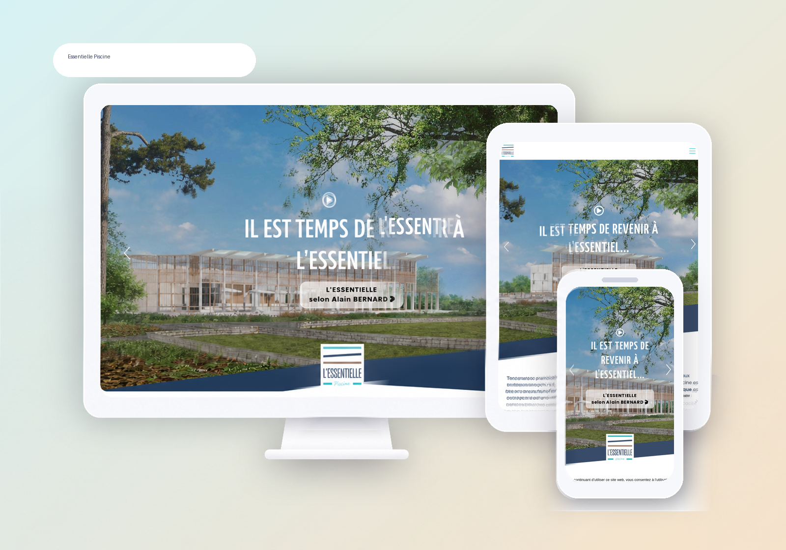 Mockup desktop, tablette et mobile du site Essentielle Piscine.