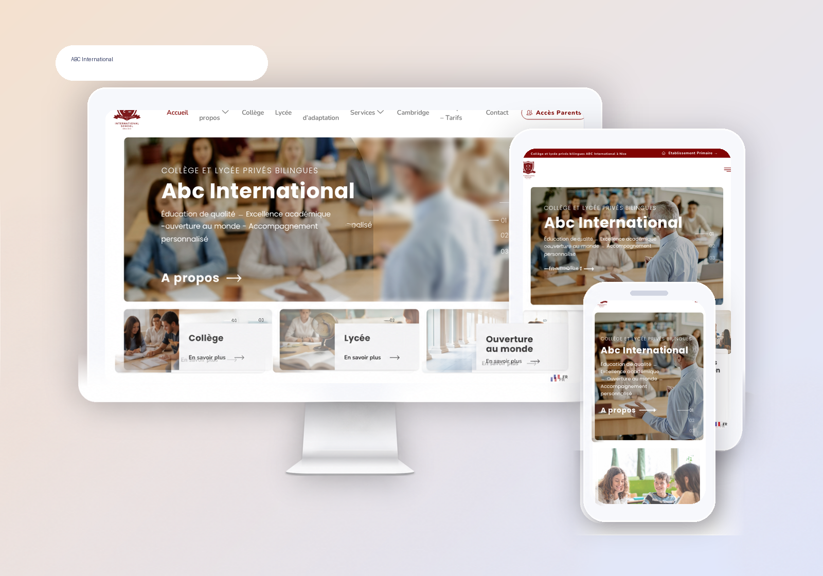 Mockup desktop, tablette et mobile du site ABC International.