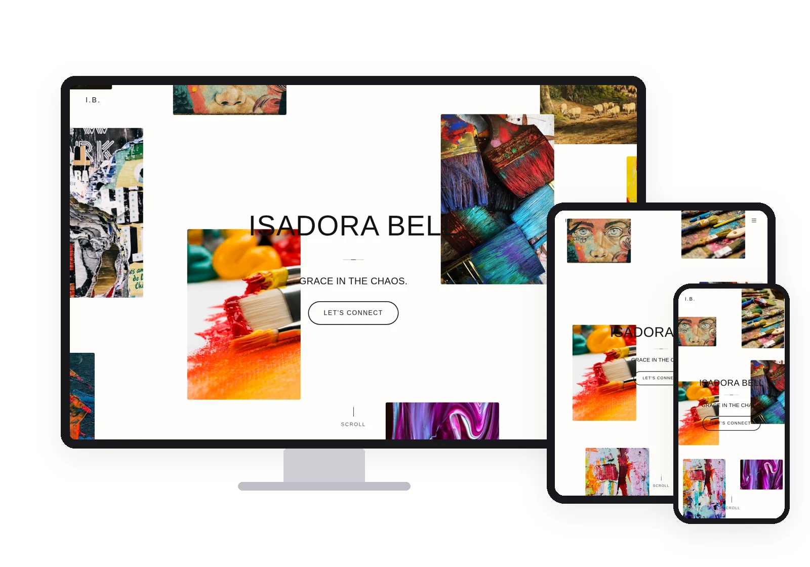 Mockup desktop, tablette et mobile du template Lovable Isadora Bell.
