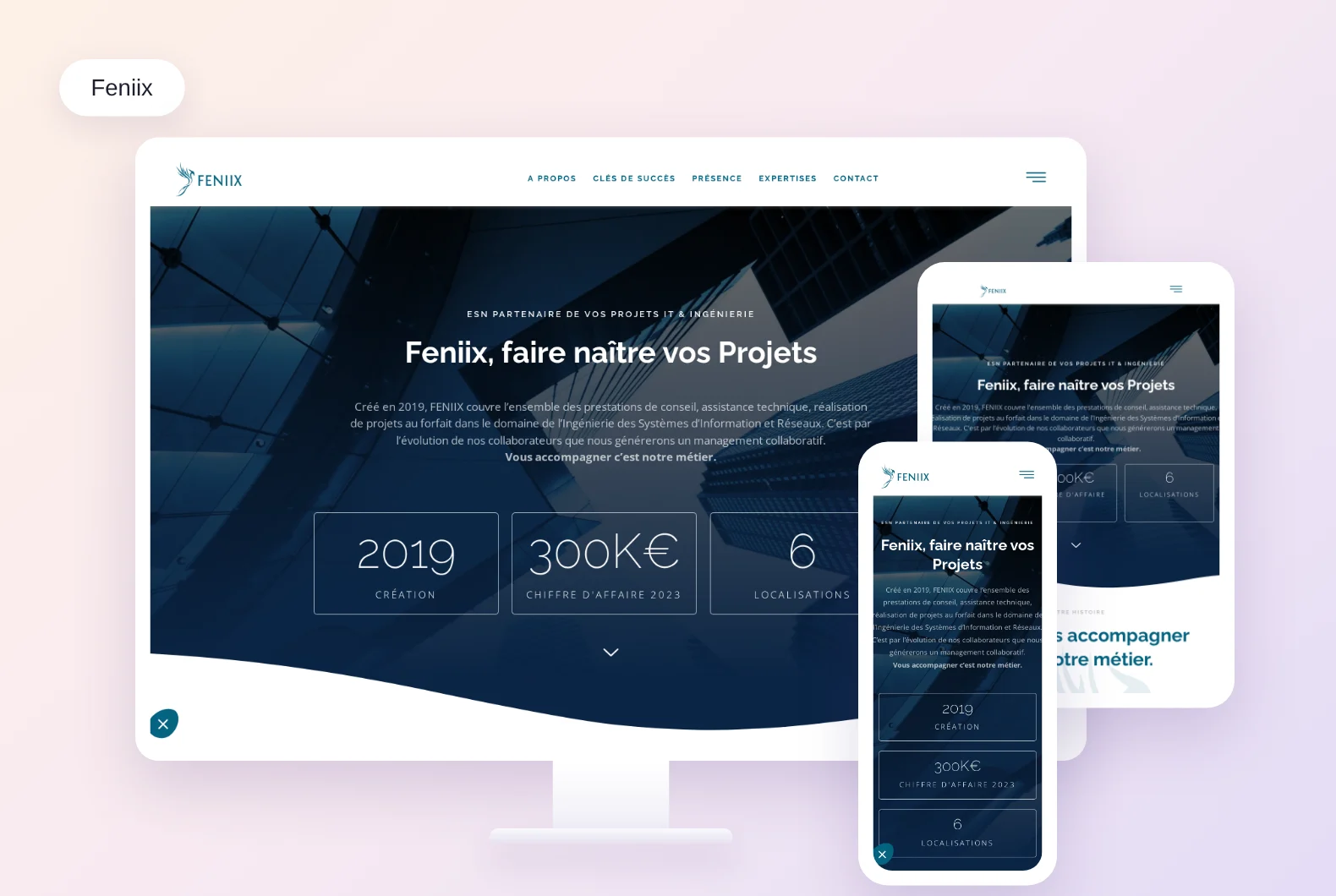 Mockup desktop, tablette et mobile du site Feniix.