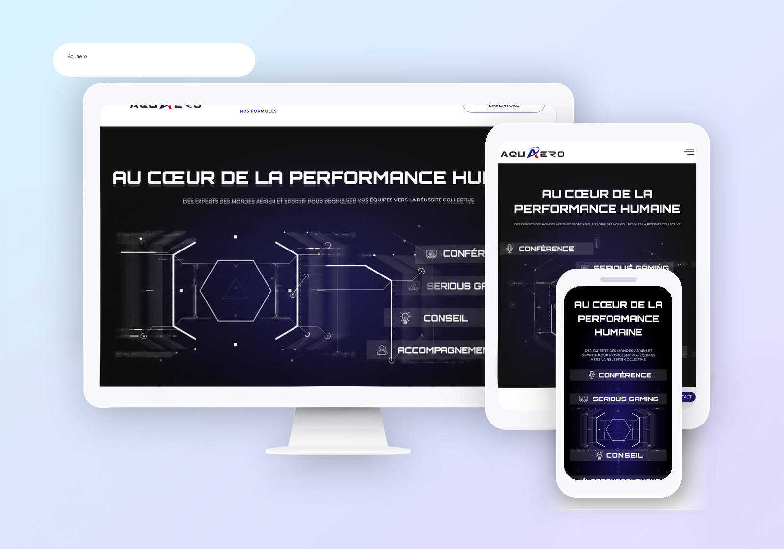 Mockup desktop, tablette et mobile du site Aquaero.