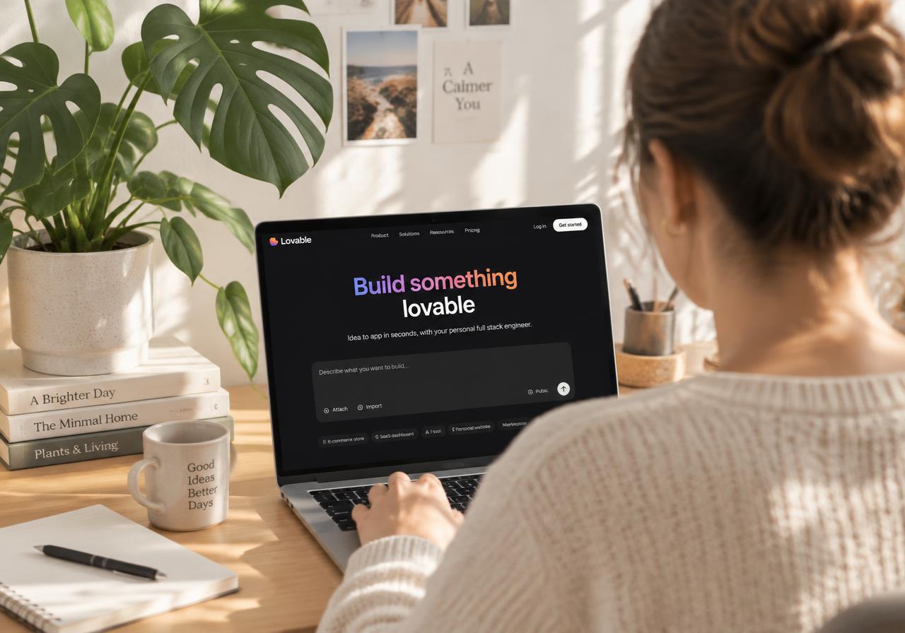 Une femme crée son site sur Lovable, installée à son bureau baigné de lumière
