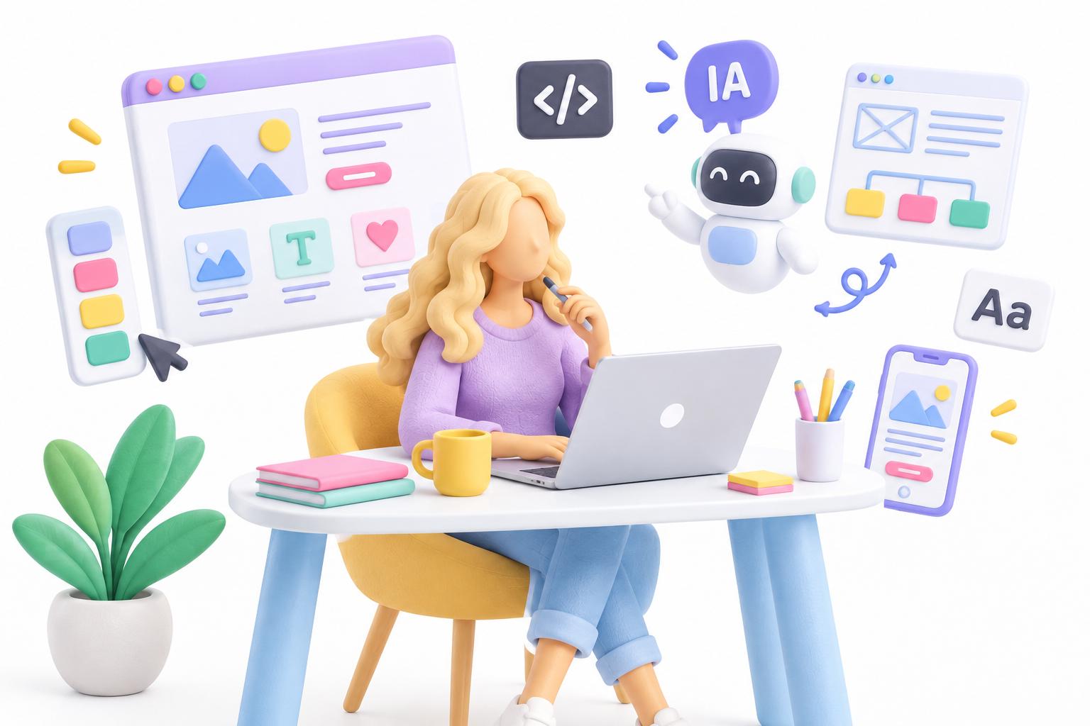 Illustration 3D d'une designer entourée d'interfaces et d'un assistant IA
