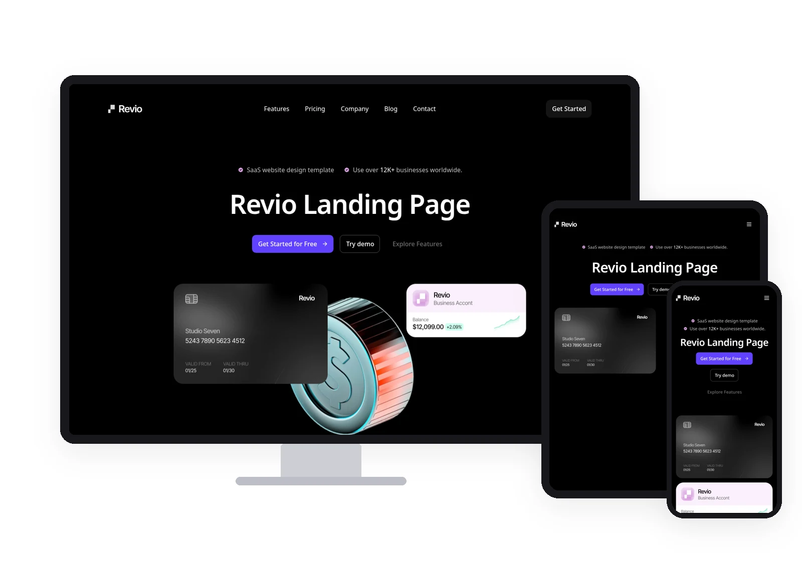 Mockup desktop, tablette et mobile du template Lovable Revio.