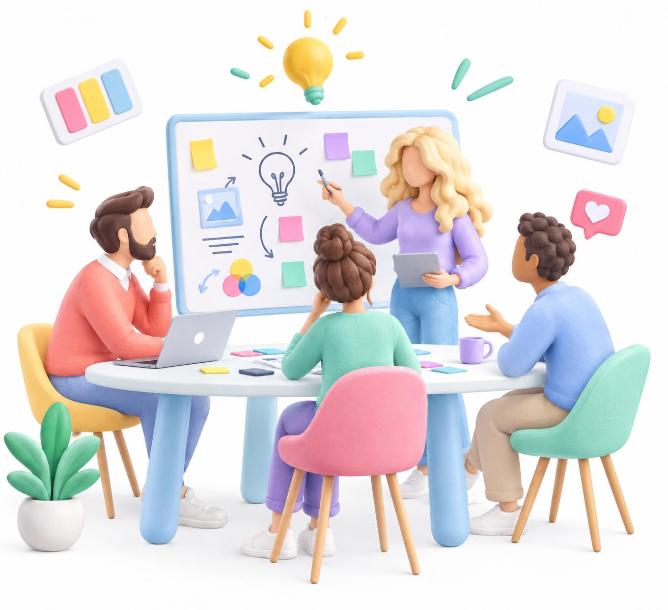 Illustration 3D d'un atelier de cadrage autour d'un tableau blanc