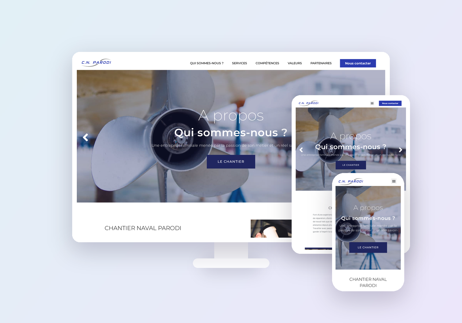 Mockup desktop, tablette et mobile du site Chantier Naval Parodi.