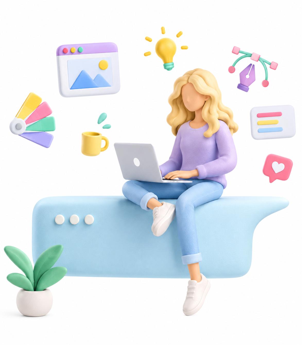 Illustration 3D d'une web designer travaillant sur son ordinateur portable