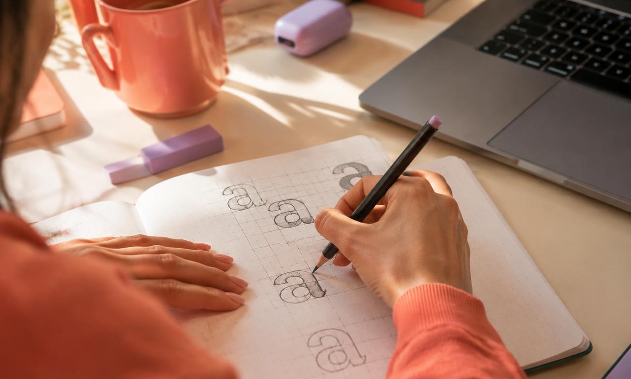 Gros plan sur une main qui dessine une grille typographique dans un carnet