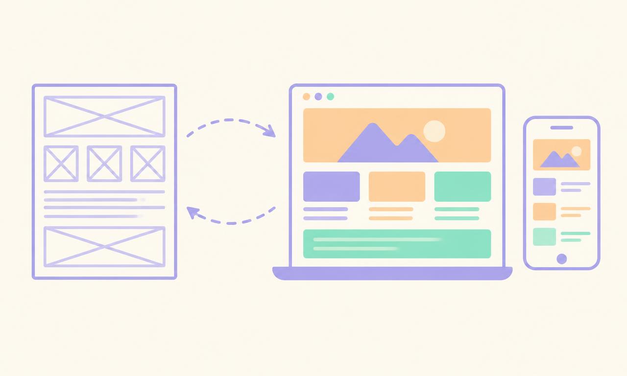 Schéma d'une maquette statique qui devient une interface responsive vivante