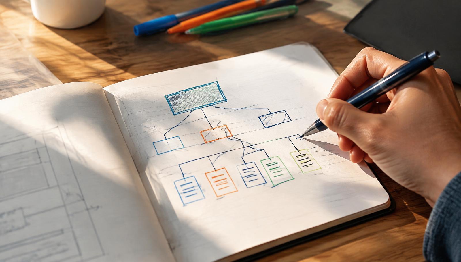 Main dessinant une arborescence de site dans un carnet