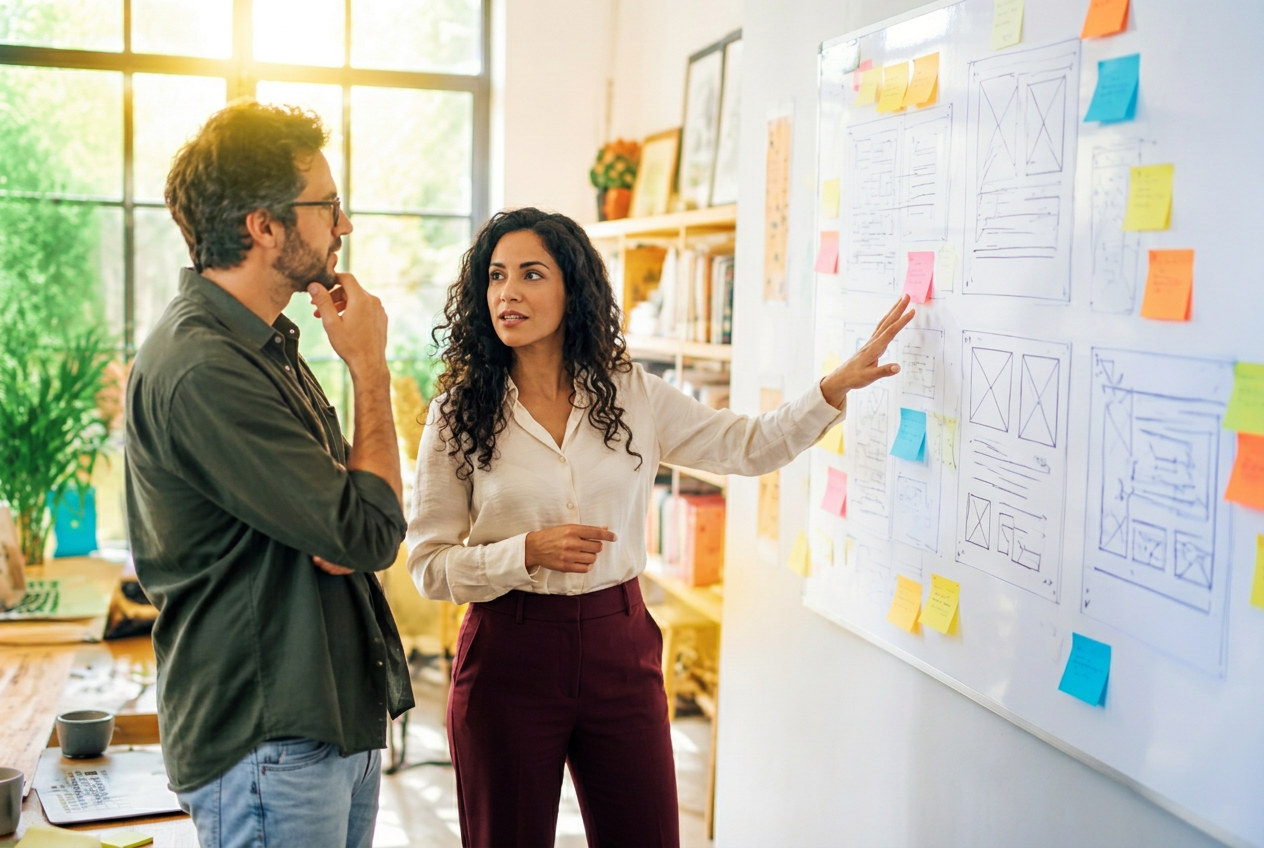 Directrice artistique présentant des wireframes à un client dans un studio lumineux