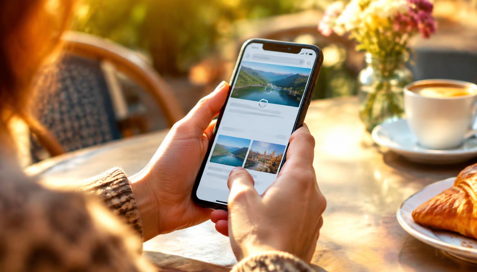 Mains tenant un smartphone affichant un site rapide en terrasse