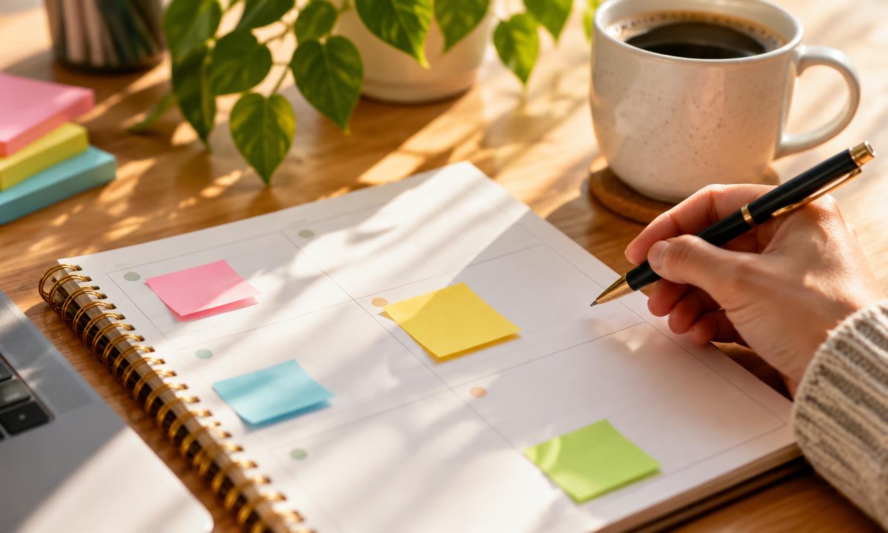 Planning papier avec notes adhésives colorées sur un bureau baigné de lumière