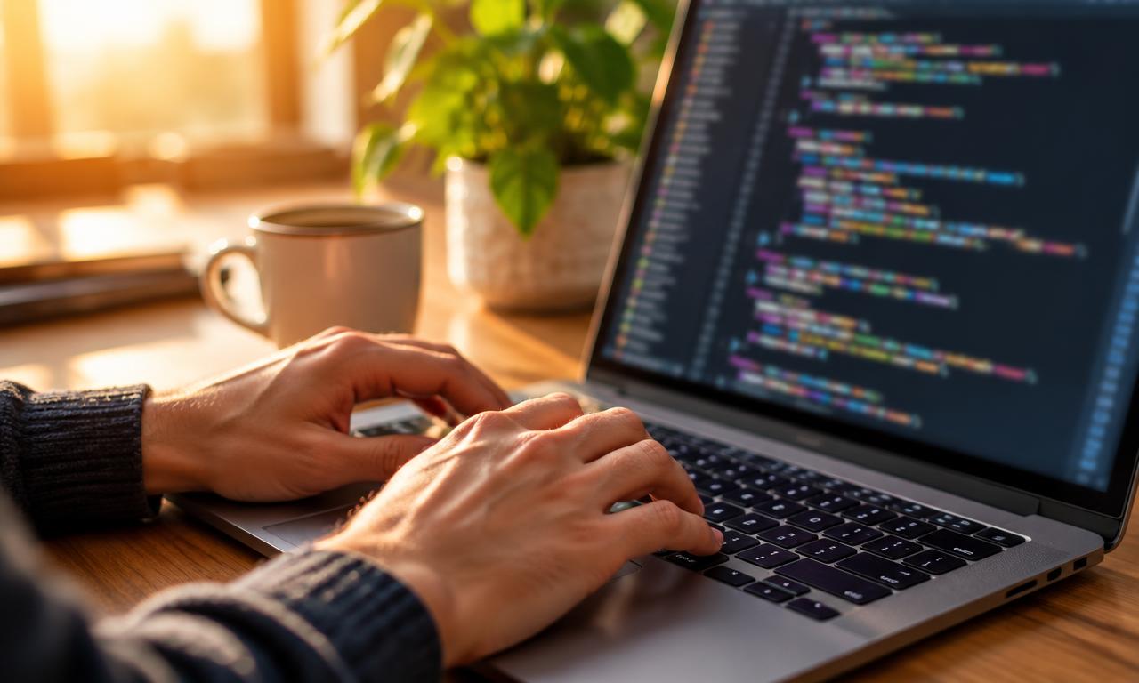 Mains tapant sur un clavier devant un éditeur de code