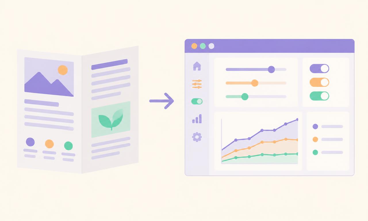 Schéma d'une brochure statique qui devient un tableau de bord interactif