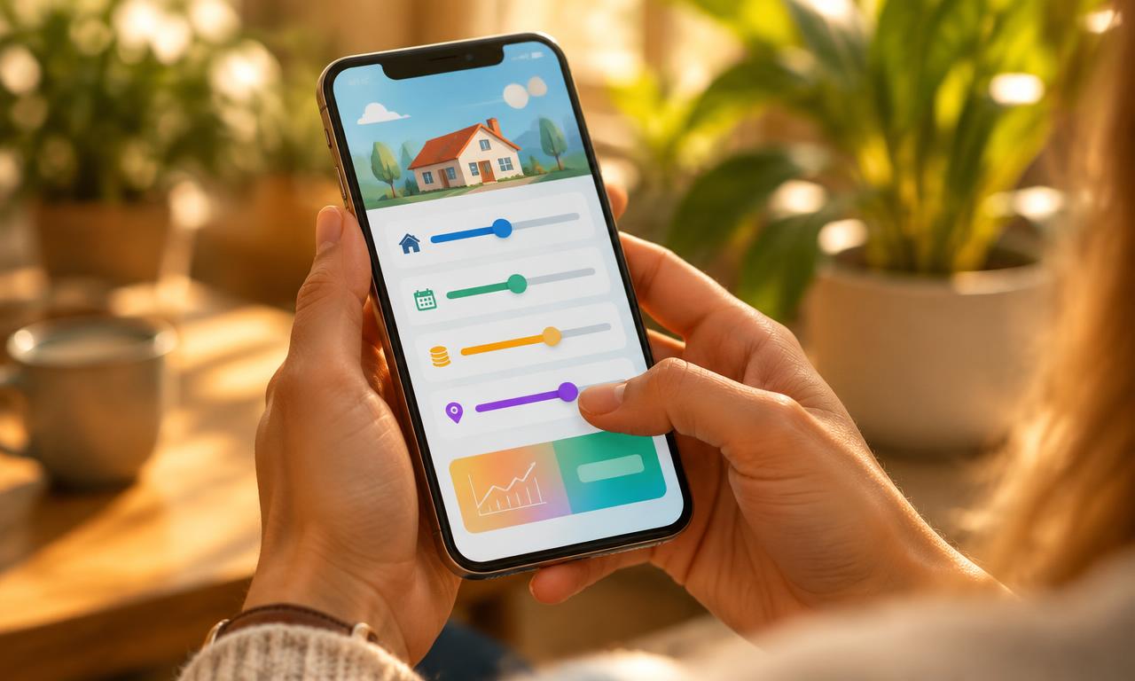 Mains tenant un smartphone affichant un simulateur de prix
